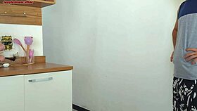 While husband showers, housewife fucks his friend with big cock and dirty talk.