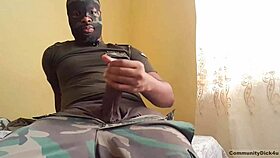 military guy begs for blowjob while dirty talking and jerking big black cock to orgasm
