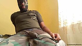 military guy begs for blowjob while dirty talking and jerking big black cock to orgasm