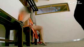 Spying on big boobs woman in restroom pool shower exposes hard cock