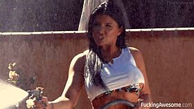 Is this brunette getting fucked at the car wash?