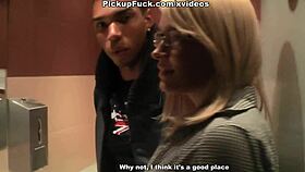 blonde with glasses sucking dick in public pickup reality scene, her mouth working that cock outdoors