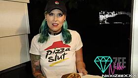 Pizza slut delivry service brings big cock for cowgirl riding.