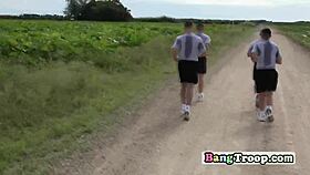 Gay troopers train in the woods before their public gangbang adventure