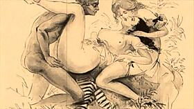 Vintage erotic cartoon illustration from antique anime.