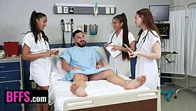 Three hot doctors in uniforms take turns riding a lucky patient’s cock in wild orgy. Bent over for hairy doggystyle fun.