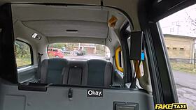 Horny brunette gets wild in public taxi ride
