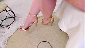 Damn! Hot Milf's Big Bare Feet in Golden Sandals Up Close.