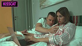 step son distracts step mom, she gives hand job but they fuck in dorm bed