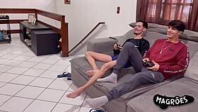 He plays video games then eats his partners' assholes in this bisexual teen session