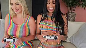 brunette and blonde girls lick wet pussies during video games