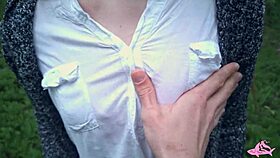 Exploring a powerful cumshot moment in the forest with a stunning beauty