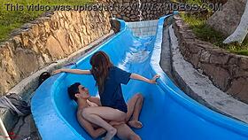 La Tonta De Mi Hermanastra Se Queda Atascada En La Resbaladilla De La Piscina Y Aprovecho Para Follarmela De Manera Salvaje Parte2