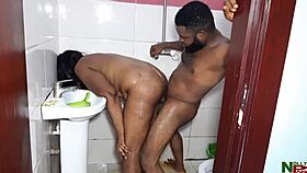 Sweet ebony mature getting doggystyle in the bathroom with big black cock