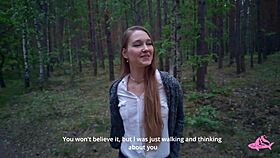 Exploring a powerful cumshot moment in the forest with a stunning beauty