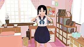 mia anime school girl poses in sailor uniform gravure in her room