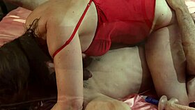 man, french amateur in red satin gets deepthroat action