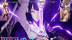 in this anime hentai game, she's using her mouth for his pleasure during blowjob action.