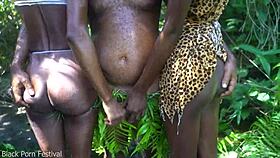 Two African tribal girls sneak off with the village chief for forest fun. Their skinny frames heat up the wild!