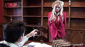 Skinny girl with big tits in fishnet stockings gets cosplay fuck by old guy