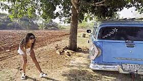 Monika Fox shamelessly shows tits and pees outdoors by a tree