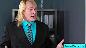 Ebony masseuse with big natural boobs gives wet nuru massage to Evan Stone