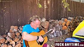 Three boys freeusing the hot chick during their camping trip