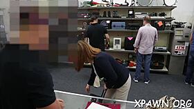 Beautiful woman has sex in shop and achieves great orgasm