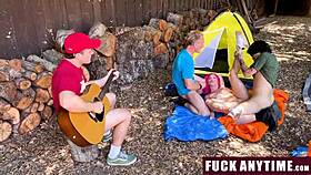 Three boys freeusing the hot chick during their camping trip