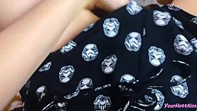 hey, beauty watches porn and caresses herself in pajamas