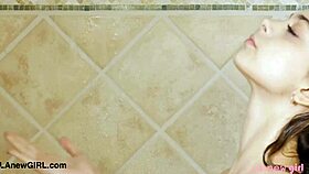 suggestive hot teen 18+ blonde sneaking into a steamy shower scene