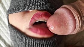 old submissive gets blindfolded blowjob closeup from black guy