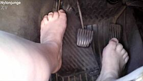 Beautiful European feet in sexy socks and shoes, fetish fun in the car