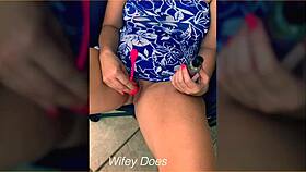 Shaved wife enjoys outdoor balcony sex with toys