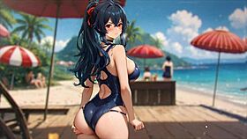 Watch this curvy teen's huge tits bounce in the romance hentai game exhibition at the beach!