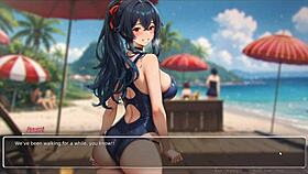 Watch this curvy teen's huge tits bounce in the romance hentai game exhibition at the beach!