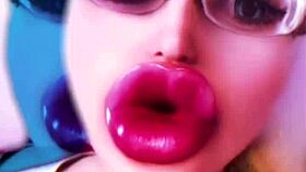 Dollification sissification huge pink lips transformation fetish with glasses.