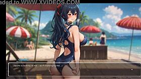 Watch this curvy teen's huge tits bounce in the romance hentai game exhibition at the beach!