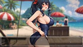 Watch this curvy teen's huge tits bounce in the romance hentai game exhibition at the beach!
