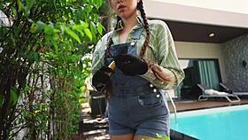 That skinny brunette babe is a slut in the garden, deepthroating rough.