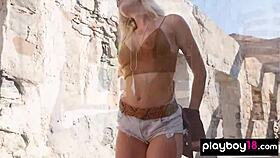 big boobed australian blondie rebekah cotton stripping and posing outdoor?