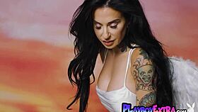 Brunette MILF Joanna Angel strips down to her tattoos
