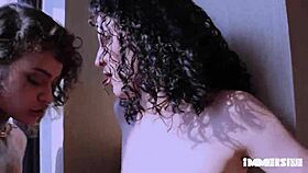 Two brunette girls with hairy beavers have hot lesbian sex and both reach an intense orgasm with a facial squirt