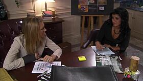 Hey, wanna see this stunning brunette with big boobs bang her horny boyfriend on the desk?