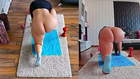 Fitness and erotica combined with two cameras during a naked workout