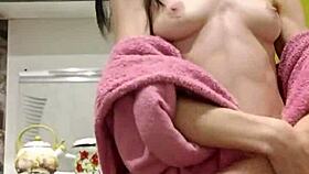 Raven-Haired Petite 18+ Chick Teases, Rubs, and Fucks Tight Pussy in Kitchen