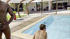 Brunette amateurs perform quickie orgy blowjobs at the pool