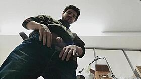 watch me sneak around the shop to jerk my big cock solo