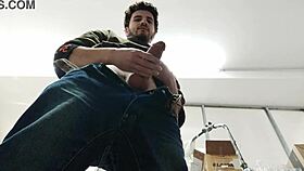 watch me sneak around the shop to jerk my big cock solo