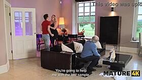 april velvet, that mature housewife, milks neighbor's big cock with her tits while hubby sits next door